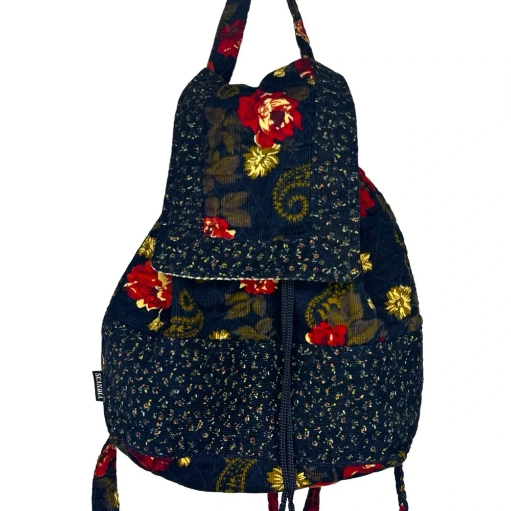 Vintage Scandia Floral Book Bag / Back Pack Black / Red / Yellow Plaid Interior
